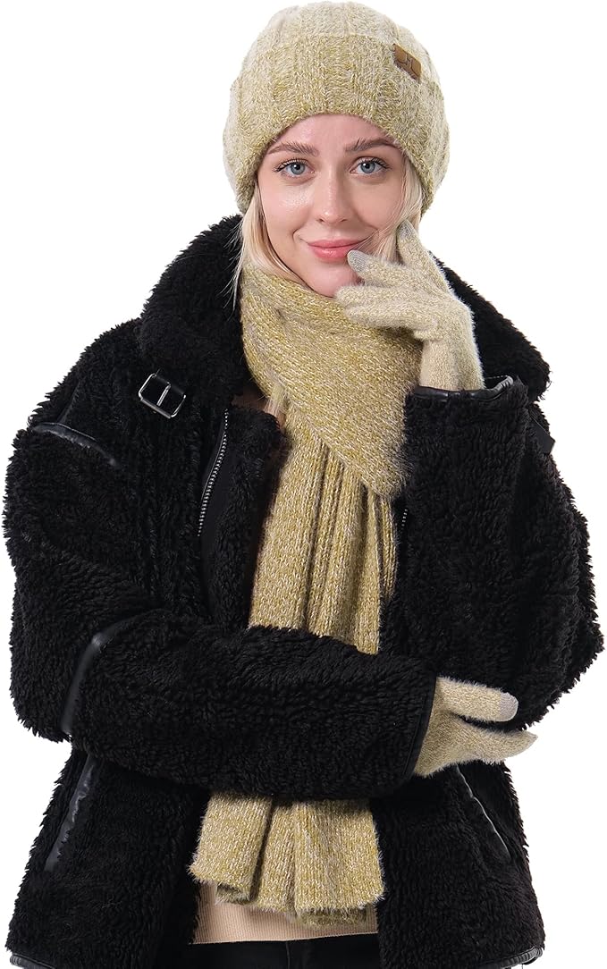 Womens Winter Warm Knit Beanie Hat Touchscreen Gloves Long Neck Scarf Set with Fleece Lined Skull Caps Gifts for Women