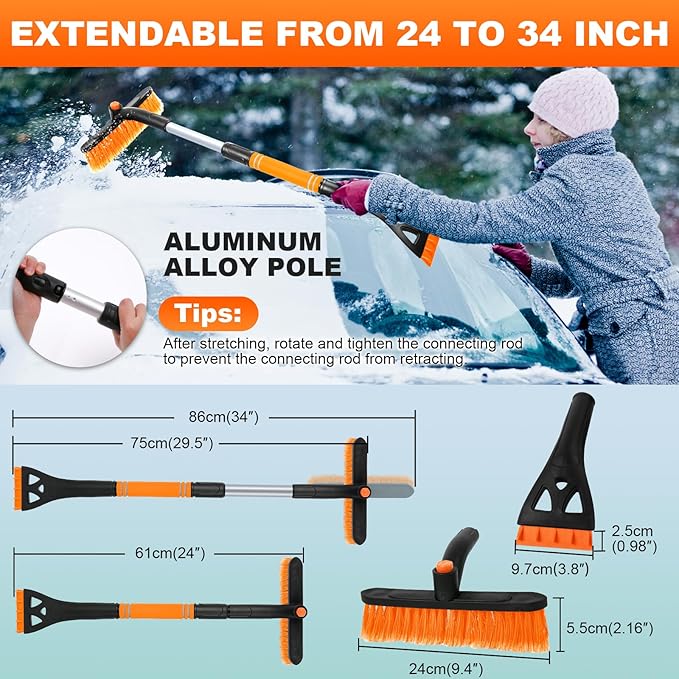 34" Extendable Ice Scrapers for Car Windshield 2-in-1 Snow Brush for Car Snow Scraper for Snow Scraper and Drush with Ergonomic Foam Grip for Cars Trucks SUV with 360° Pivoting Brush Head Orange 1PCS