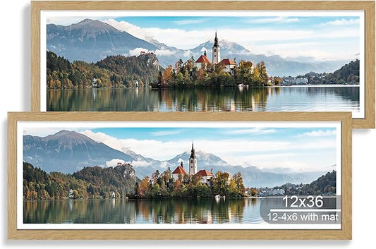 12x36 Picture Frame 2 Packs, Real Glass and Natural Oak Wood Frame, Display Collage Pictures Twelve 4x6 With Mat or Pennant 12 x 36 Without Mat - Horizontal or Vertical Wall Mounting