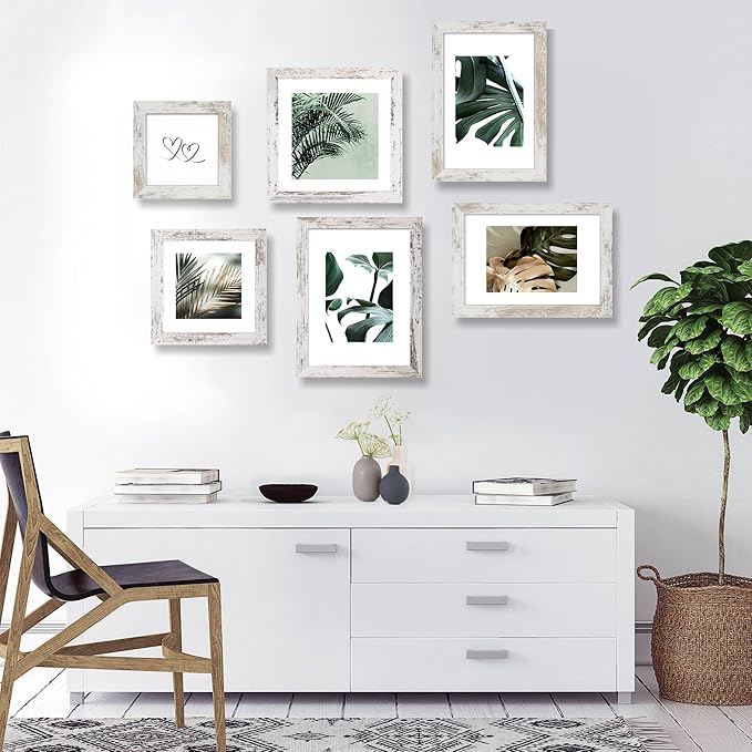 10x10 Picture Frame Set of 4, Made of Glass and Distressed White Wooden Frame - Display Picture 8x8 with Mat or 10 x 10 Without Mat, 10 by 10 Photo for Wall or Tabletop