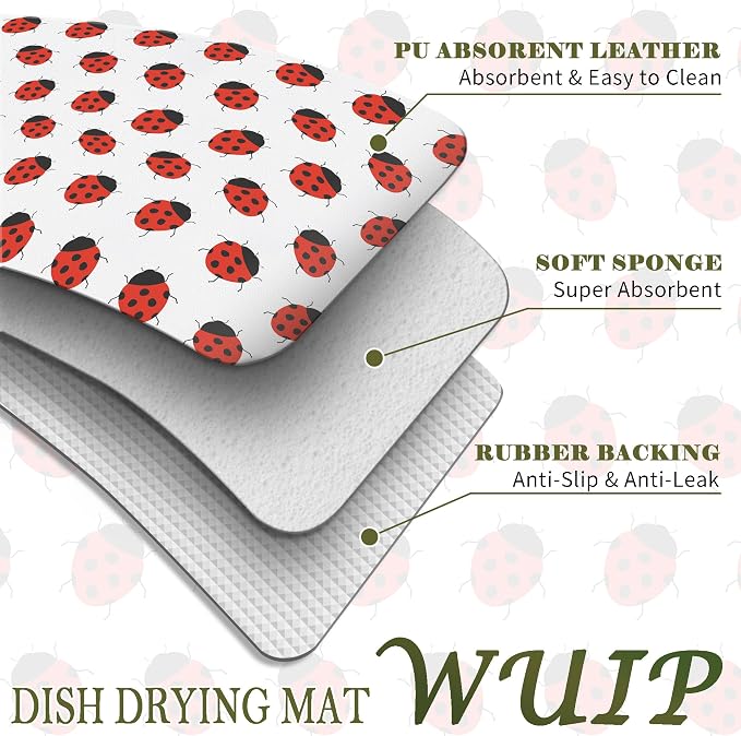 Cute Ladybug Dish Drying Mats for Kitchen Counter, Ladybug Lover Gifts, Red Ladybird Absorbent Reversible Coffee Bar Mat Drying Pad for Kitchen Decor, 12x15 Inch
