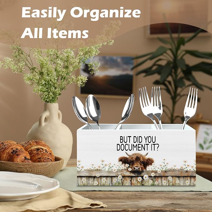 DILSJ Funny Highland Cow Office Pen Pencil Holder Organizer for Desk, Human Resource Gifts, But Did You Document It Farmhouse Highland Cow Wooden Box Signs for Home Office Desk Tabletop Decoration