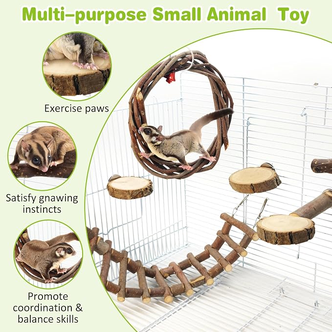 BNOSDM 6PCS Chinchilla Cage Accessories, Natural Wood Sugar Glider Climbing Bridge & Perch Platforms, Rat Enrichment Toys Set for Small Animals Squirrel, Gerbil, Hamster