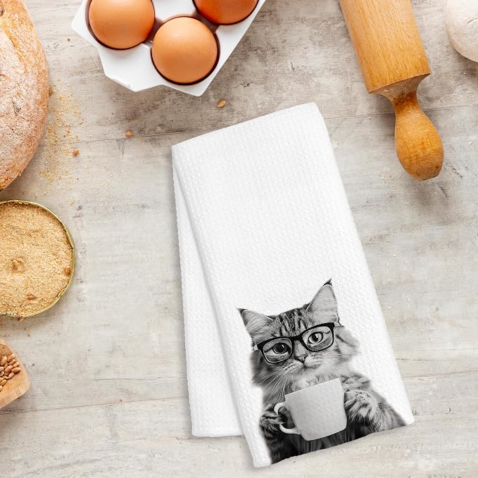 Funny Cat Decor Coffee Kitchen Towels Gift, Cat Gifts for Women, Coffee Gifts for Women, Kitty Lover Gift Decorative Dish Hand Tea Towels for Kitchen Home Bar Decor, 16x24 Inch