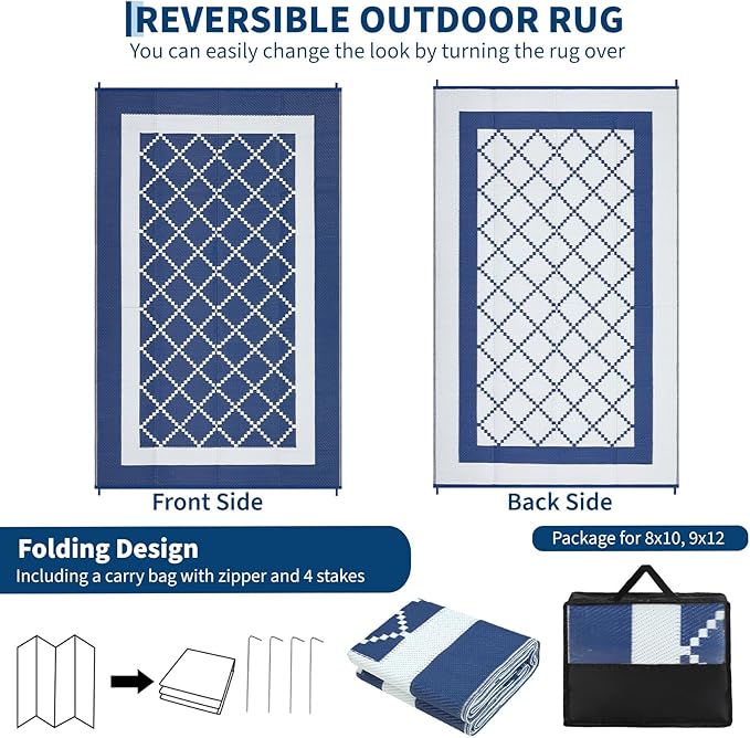 Outdoor Patio Rug 9x18 Waterproof Plastic Reversible Rug Modern UV Resistant Foldable Camping Mat Contemporary Geometric Outdoor Floor Mat for RV Backyard Deck Blue/White