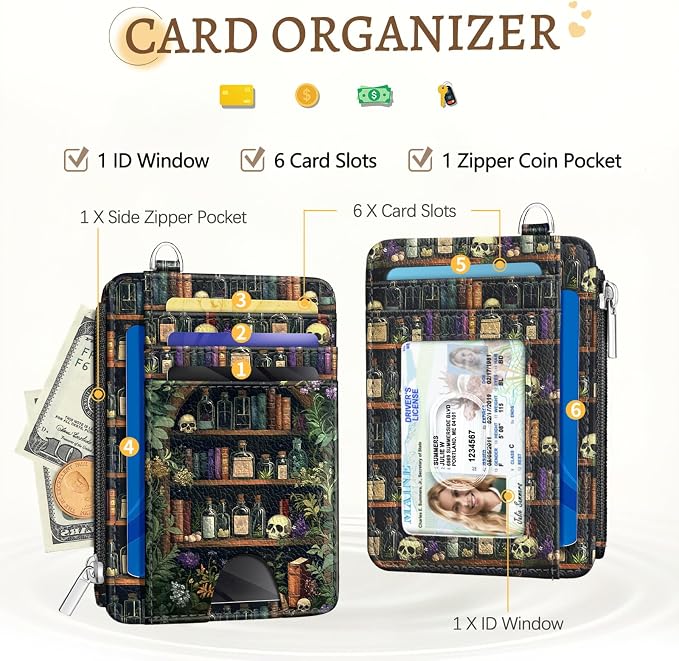 Kelvoris Credit Card Holder Small Wallet Women, Slim RFID, Bookshelf Goth | Keychain, Zipper Coin Pocket, Front Pocket Thin Travel Card Case, Minimalist, 6 Card Slots, 1 ID Window, Ladies Gifts Woman
