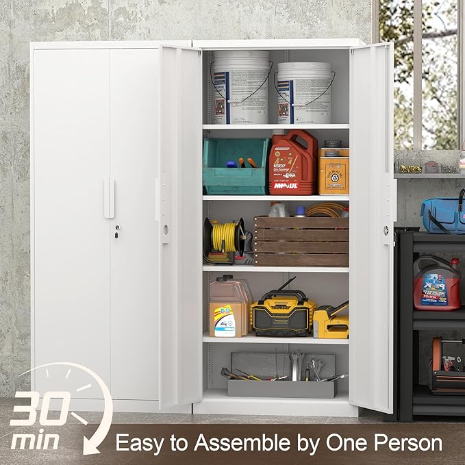 GREATMEET Metal Garage Storage Cabinets, 71" Tall Locking Metal Cabinets with Doors and Shelves, Utility Cabinet with Lock for Garage, Home, White