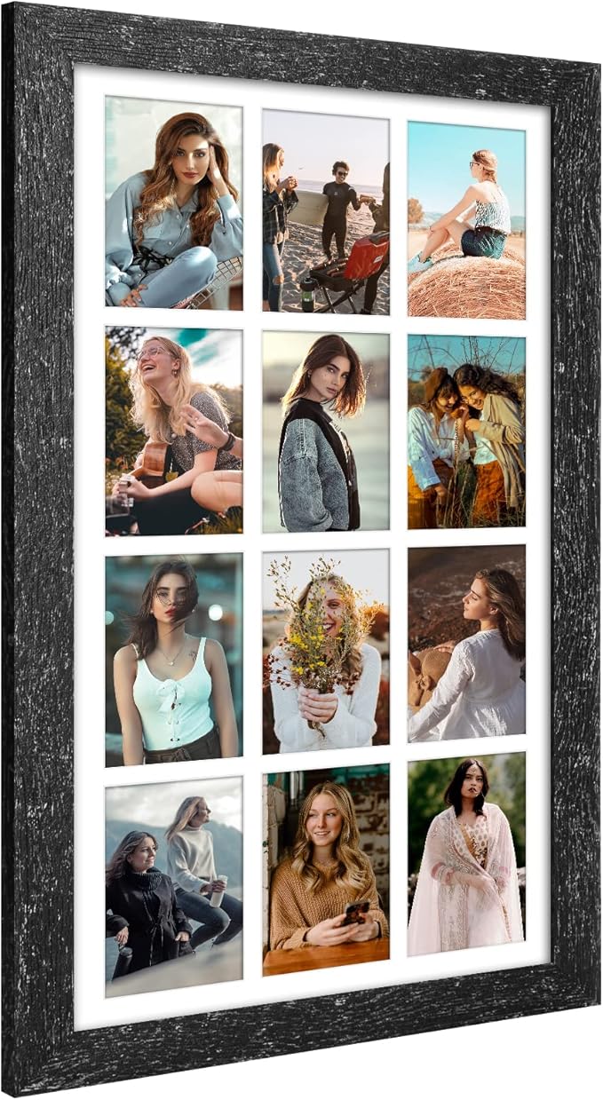 13x25 Picture Frame Display 12 opening 4X6 Picture Frame Collage,Multi Photo Frame with Mat,Plexiglass,Wall Mount Decor,Black Wood Grain