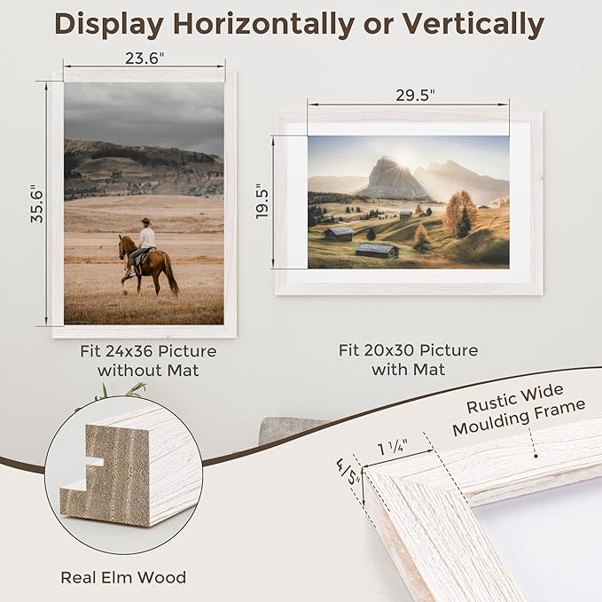 24x36 Poster Frames, 24x 36 Picture Frame Natural Wood Grain, Photo Frame 20x30 with Mat or 24 x 36 Without Mat, 24x36 Large Picture Frame with Tempered Glass for Wall Mount, White, 1 Pack