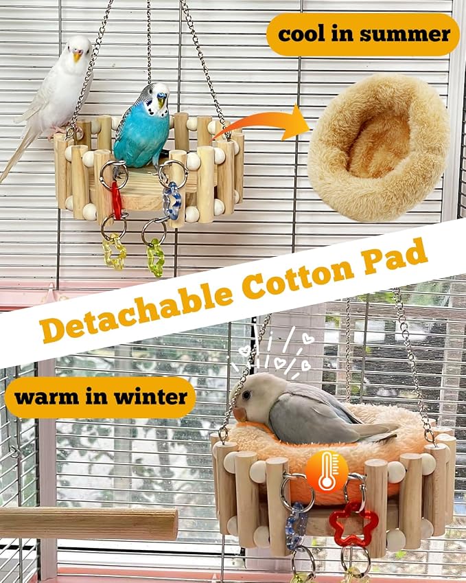 Wooden Bird Sleep Nest, Open Hammock with Toys for Small Birds | Kiln-Dried Wood Cage Bed with Detachable Cotton Pad, All-Season Comfort for Small Sized Birds Budgies Lovebirds Finch Canary