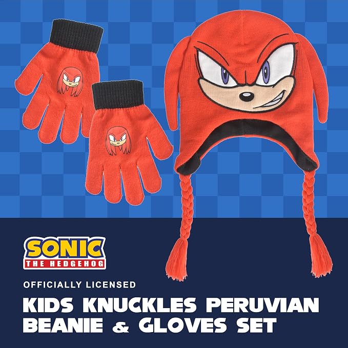 Concept One Sonic The Hedgehog Beanie Hat and Glove Set, Kids Knitted Winter Hat and Gloves