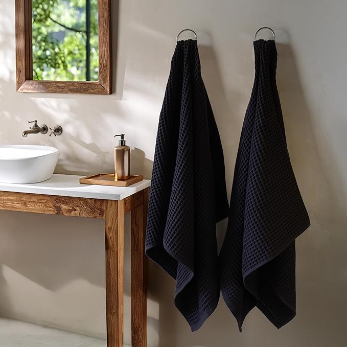 PÜSKÜL - Premium Waffle Towel Set 4 Pieces Black - Organic 100% Turkish Cotton Quick-Dry Towels for Bathroom Made in Turkiye (Black, Towel Set - 2 Hand & 2 Bath Towels)