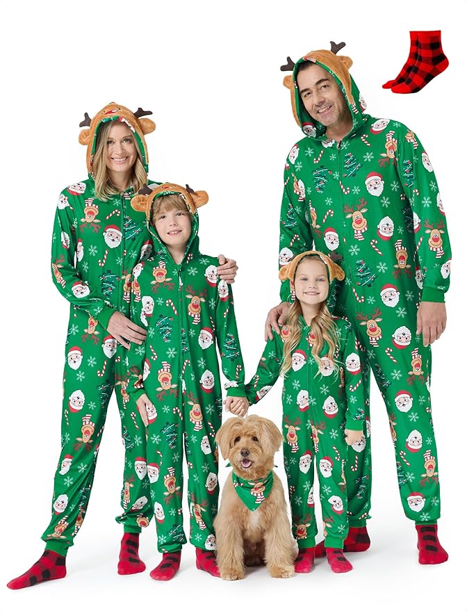 PATPAT Matching Family Christmas Onesie Pajamas – Holiday Hooded Jumpsuit Sleepwear PJs Couples Xmas Loungewear with Socks