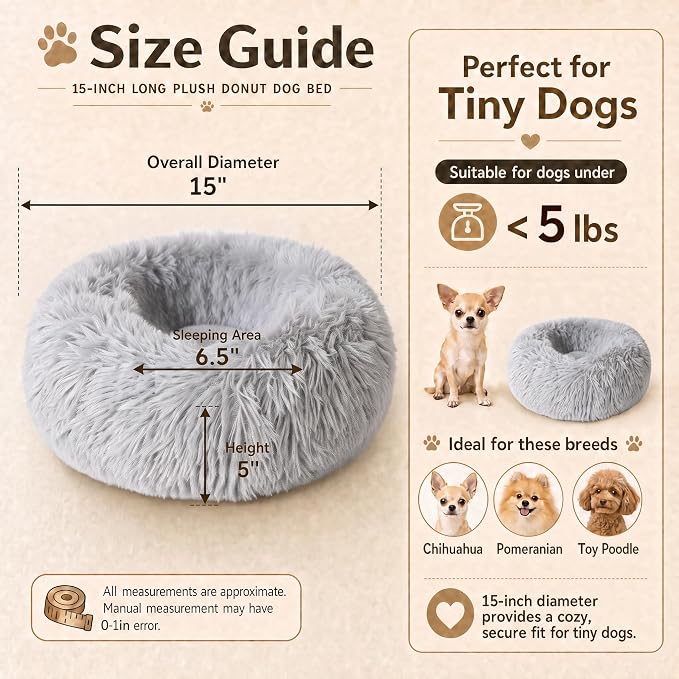 Tiny Dog Bed for Extra Small Dogs for Chihuahua Pomeranian Toy Poodle | 15 Inch Washable Puppy Bed,Soft Faux Fur Calming Donut Bed,Grey