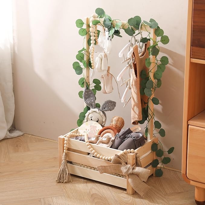 Wooden Baby Shower Crate - Baby Shower Basket Gift Set with Milestone Card, Eucalyptus Leaves, Tassel Bead String, Burlap Tape & More for Baby Showers, Nursery Decor & Photo Props