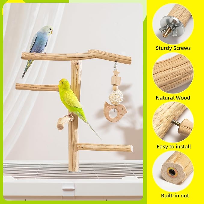 Natural Wooden Bird Perch Stand with Hanging Toy, Bark-Free Solid Wood Parrot Perch for Budgies, Parakeets, Cockatiels and Lovebirds, Inside or Cage Top Bird Playground