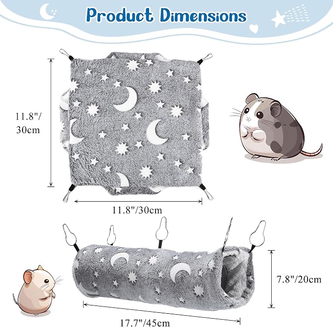 Noctilucent Luminous Grey Guinea Pig Rat Hammock Bunkbed Hanging Tunnel | Hanging Soft Bed Mat for Ferret Hedgehog Squirrel Hideout Cage Accessories (Tunnel and Bunkbed Hammock)