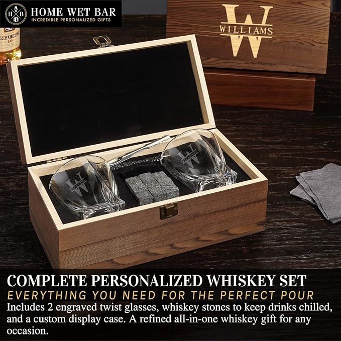 Personalized Whiskey Glasses – Custom Engraved Twist Whiskey Glass Set & Display Case with Whisky Stones by Home Wet Bar