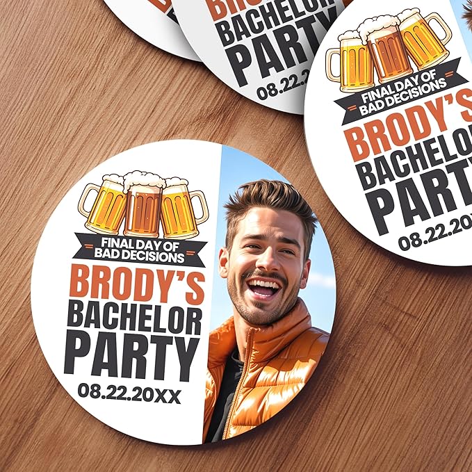 10 Pack Personalized Bachelor Party Coasters, Custom Cardboard Drink Coasters with Photo Print and Text, Fun Bachelor Party Favors and Gifts, 3.95" Round, Design 2