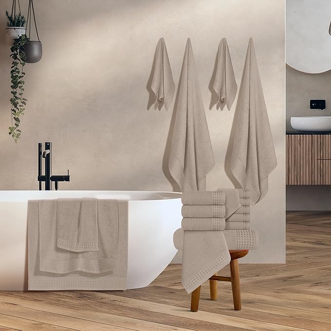 GLAMBURG Towels for Bathroom, 100% Cotton Towel Set, Contains 8 Soft Bath Towel, 8 Hand Towels, 8 Wash Cloths - Compact Absorbent Lightweight & Quickdry - 24 Piece Bathroom Towel Set - Tan