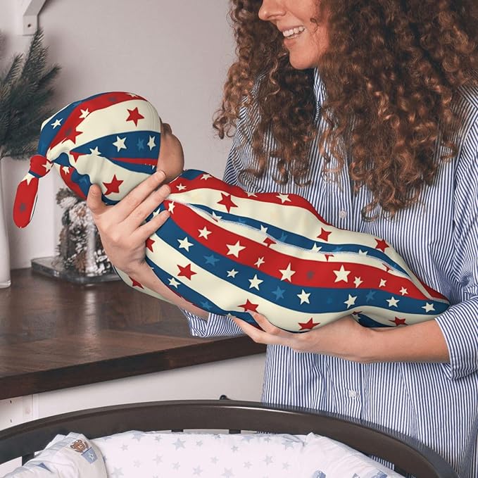 Newborn Swaddle Blankets and Hat Set Soft Cotton Baby Swaddle Wrap Warm Infant Receiving Blanket Flag Star