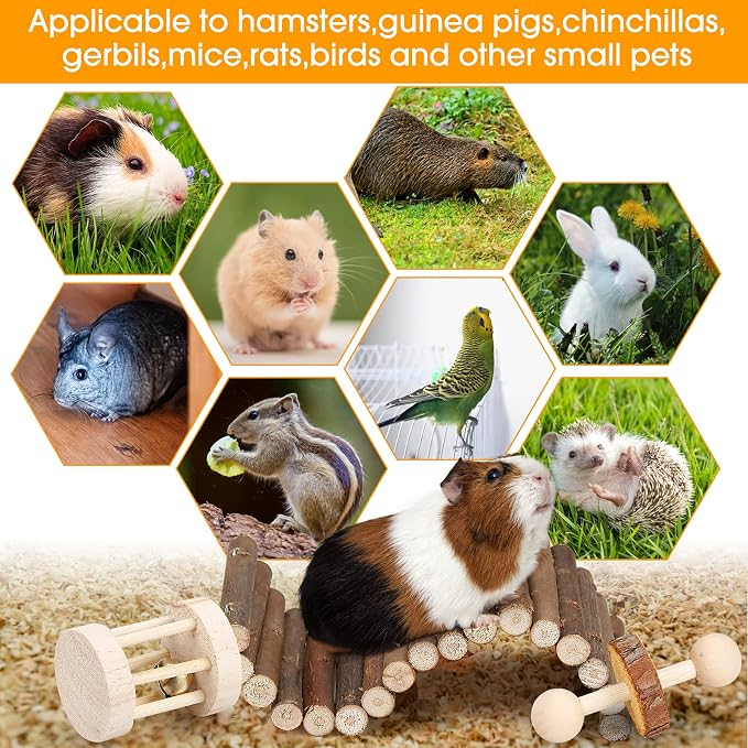 Hamster Chew Toys Set Small Animal Molar Toys Teeth Care Wooden Accessories for Guinea Pigs,Chinchillas,Gerbils,Mice,Rats,Mouse Rodents Toy Swing Seesaw Bridge (Wood)
