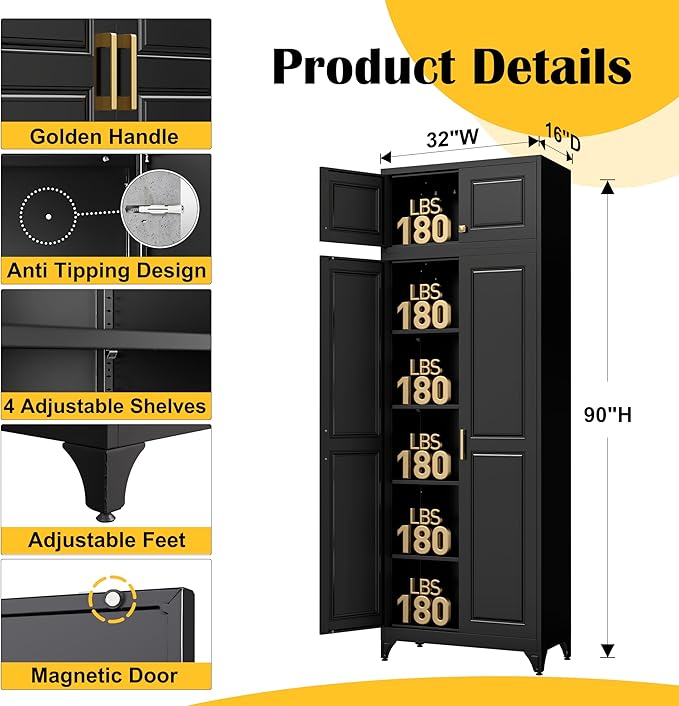 90”Kitchen Pantry Cabinet,Metal Storage Cabinets with Doors and 4 Adjustable Shelves,Black Kitchen Cabinet with 2 Gold Handles,Tall Cabinet for Livingroom, Bathroom