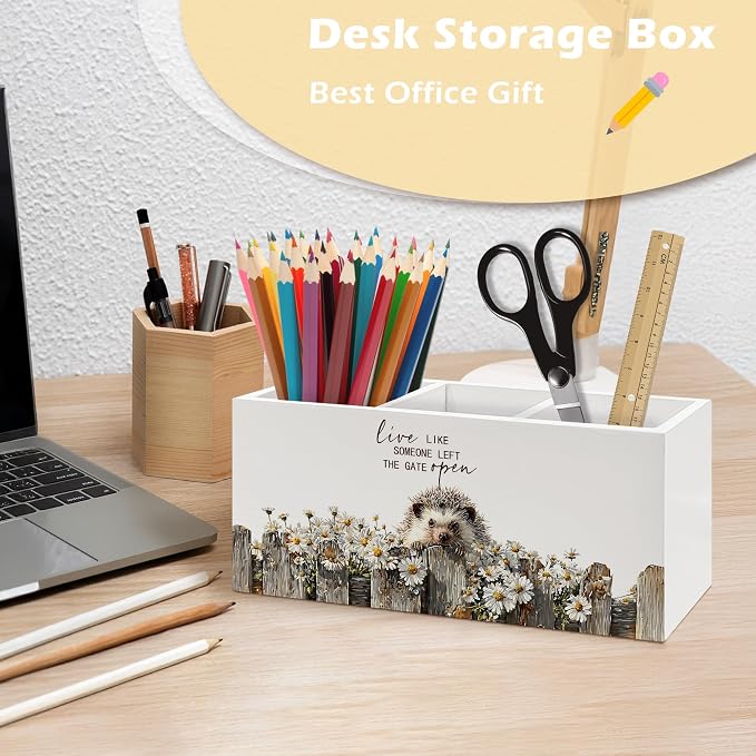 Rustic Hedgehog Pen Holder Organizer, Farmhouse Hedgehog Gifts for Women Desk Decor, Live Like Someone Left the Gate Open Wooden Pen Pencil Holders for Vintage Desk Accessories