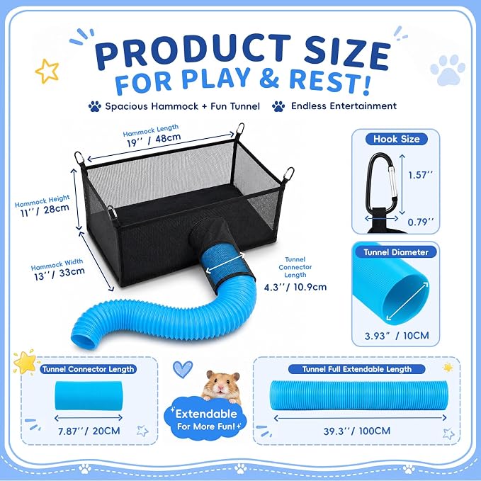 Mifoci Ferret Ball Hammock with Tunnel, Hanging Mesh Play Cube for Cage, Washable Small Animal Bed for Ferrets, Rats, Chinchillas & Guinea Pigs, 4 Clips, Black, (Balls Not Included)