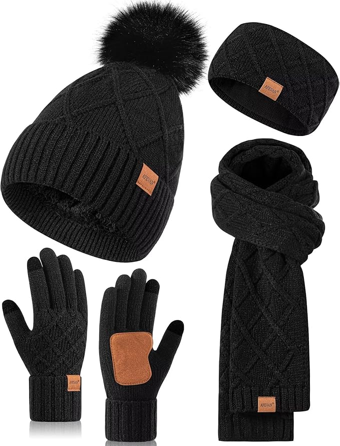 Womens Winter Hat Gloves Scarf Headband Set, Pom Pom Beanie Long Scarf Touchscreen Gloves Ear Warmer, 4 in 1 Warm Gift Set