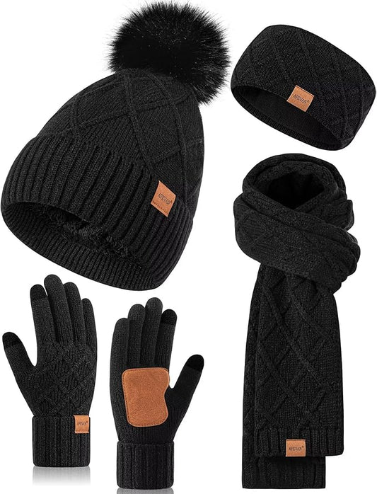 Womens Winter Hat Gloves Scarf Headband Set, Pom Pom Beanie Long Scarf Touchscreen Gloves Ear Warmer, 4 in 1 Warm Gift Set