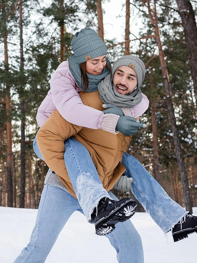 Winter Beanie Hat Scarf Gloves, Warm Fleece Knit Hats Touch Screen Gloves Neck Scarf Set Winter Gifts for Unisex Adult