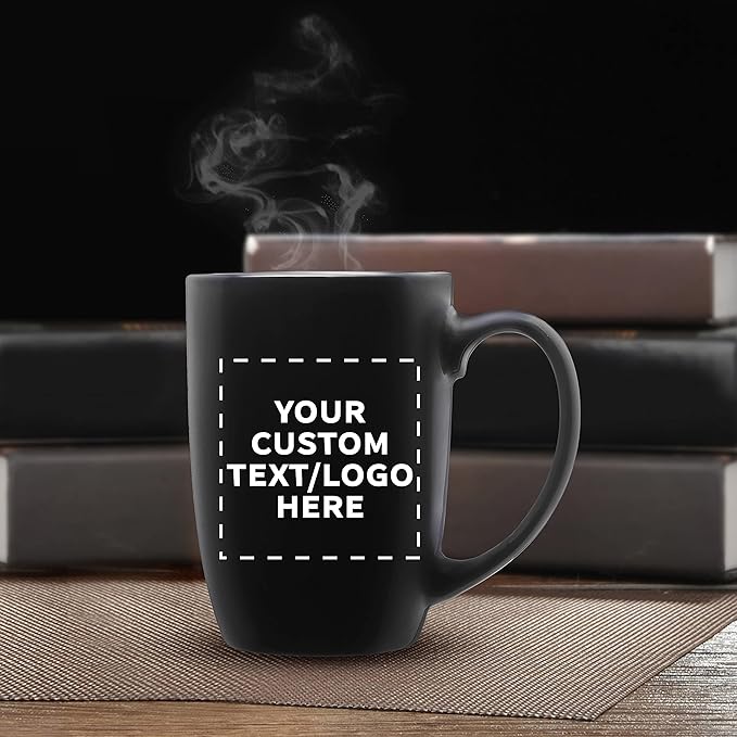 DISCOUNT PROMOS 10 Large Mocha Glossy Ceramic Coffee Mugs Set, 16 oz. - Customizable Text, Logo - Stoneware, Smooth, Durable, C-handle - Black