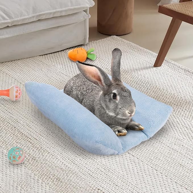 MEWTOGO 15.7" x 14" Bunny Bed for Rabbit Cage, Thickened & Soft | Prevent Sore Hocks Plush Mat with Cotton Lounger Pillows, Small Animal Flop Mat for Hutch Sleeping Indoor, Light Blue