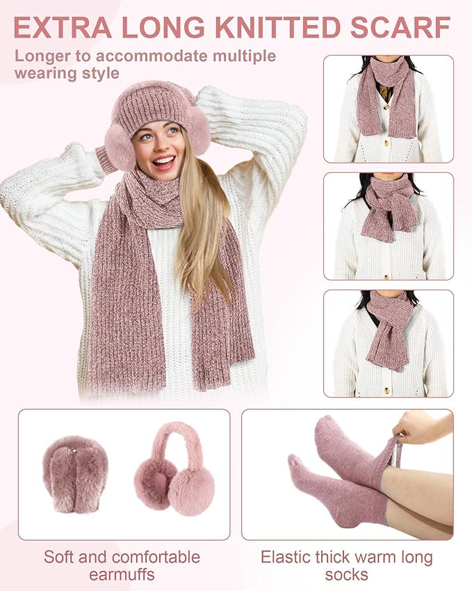 Geyoga 6 Pcs Winter Knit Set Beanie Hat Long Scarf Touchscreen Gloves Ear Muff Socks Warm Valentine Gift for Women Men Snow(Pink,Classic Style)