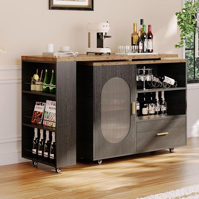 HSH 72" Rustic Kitchen Island with Storage, Mobile Farmhouse Kitchen Island Cart with Cabinet, Drawer & Shelves, Island Table on Wheels for Meal Prep, Dining Room & Home Bar, Rustic Brown & Black Oak