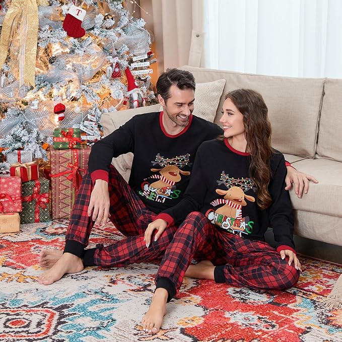Christmas Family Pajamas Set Matching Holiday Plaid Sleepwear Set Reindeer/Tree Print Loungewear for Xmas Eve