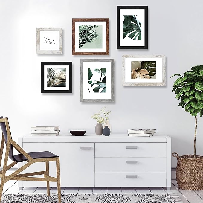 6x6 Picture Frame Set of 4, Made of Real Glass and Multicolour Wooden Frame, 6 by 6 Photo for Wall or Tabletop - Display Picture 4x4 with Mat or 6x6 Without Mat