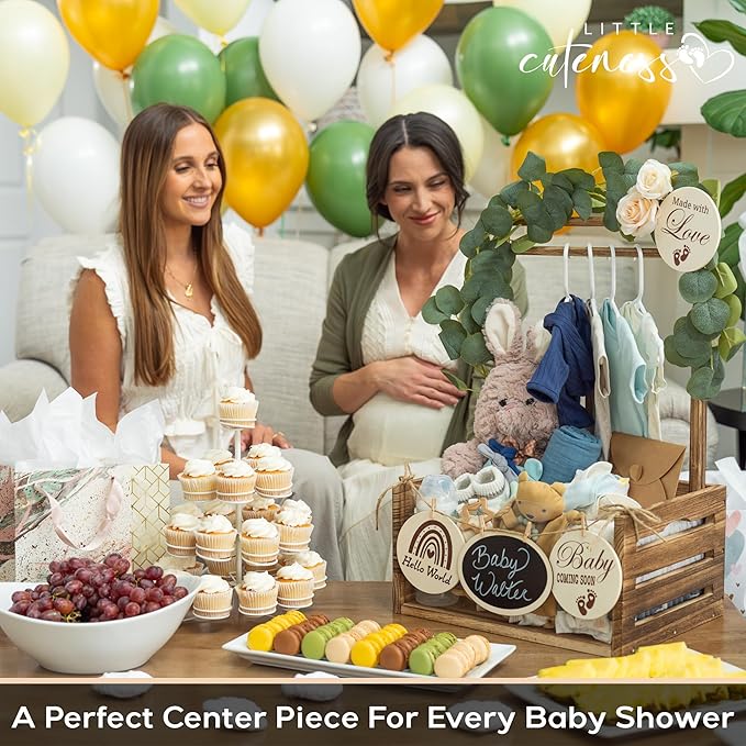 Wooden Baby Shower Crate Closet with Clear Acrylic Front - Customizable Wooden Crate Box with Dual Rod System, Easy Assembly Baby Baskets and Gift Display for Baby Shower (Burnt Wood)