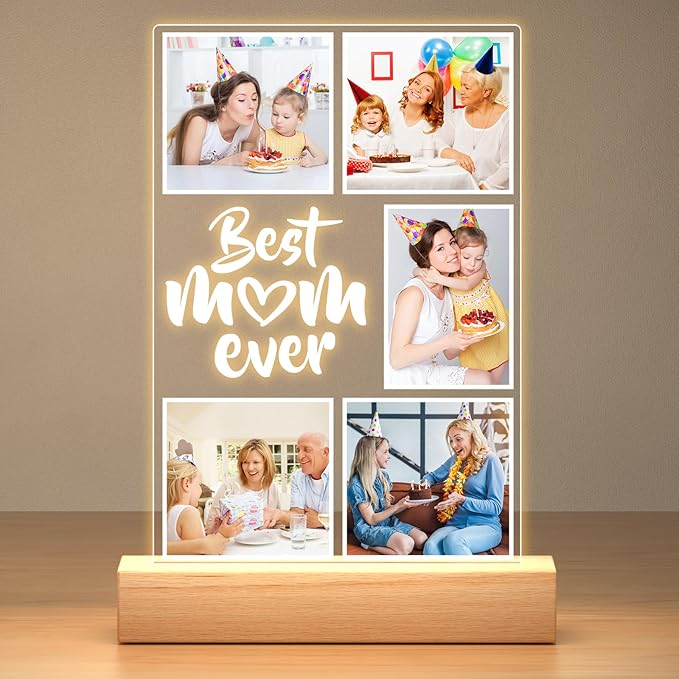 Custom Picture Frames with Photos, Personalized Photo Frame with Night Light, Custom Best Mom Ever Gifts, Personalized Birthday Gifts for Mom, Baby, Kid, Family