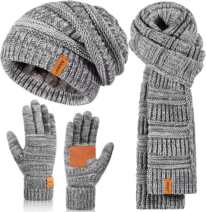 Winter Beanie Hat Scarf Gloves Set for Women, Slouchy Beanie Long Scarf Touchscreen Gloves, Warm 3 in 1 Christmas Gift Set