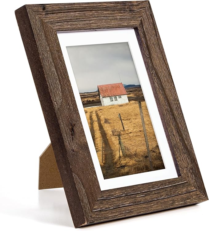 Fun Memories 5x7 Picture Frame with Mat for 4x6 Photo, Solid Elm Wood & Tempered Glass, Rustic Wall & Tabletop Display Frame, Walnut, 1 Pack