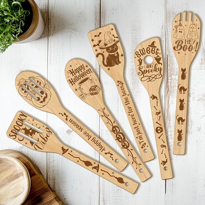 CUTHOLLOW 6PCS Halloween Element Greeting Wooden Kitchen Cooking Utensil Set, 11.9in Non Toxic Bamboo Wood Spoon Set for Cooking, Best Housewarming Halloween Decor Gift for Women Mother