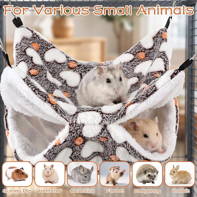 4 Pieces Ferret Hammock Set Ferret Cage Accessories Cozy Hanging Bed Tunnel Hideout Coffee Hearts Soft Coral Fleece Arctic Fleece for Hamster Guinea Pig Rat Squirrel