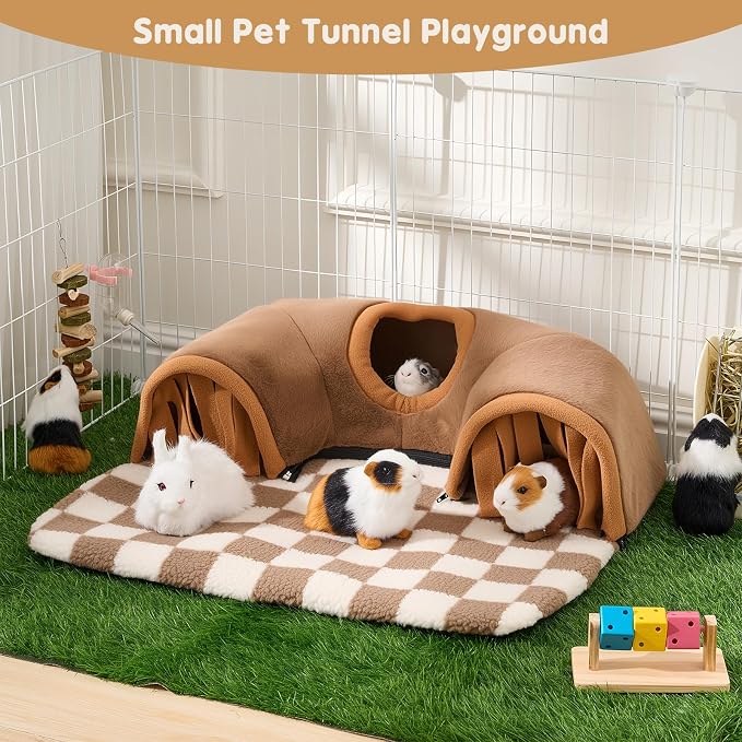 Avont Guinea Pig Tunnel, Small Animal Hideaway Tube Toy | Cozy Plush Tunnel for Guinea Pigs and Small Pets with Non-Slip Bottom and 2-In-1 Design in Large Size Brown
