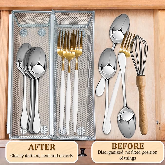 4PCS Drawer Organizer for Kitchen, Utensil Mesh Organizer With Interlocking Arm for Cosmetic, Flatware, Pen (9 * 3 * 2 Inches, Grey)