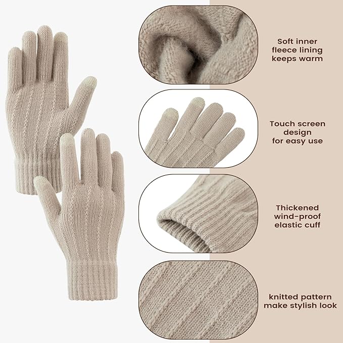 Women Winter Hat Beanie+Long Scarf+Touch Screen Gloves Set, Warm Clothes Set with Knit Fleece Lined for Women/Men Winter