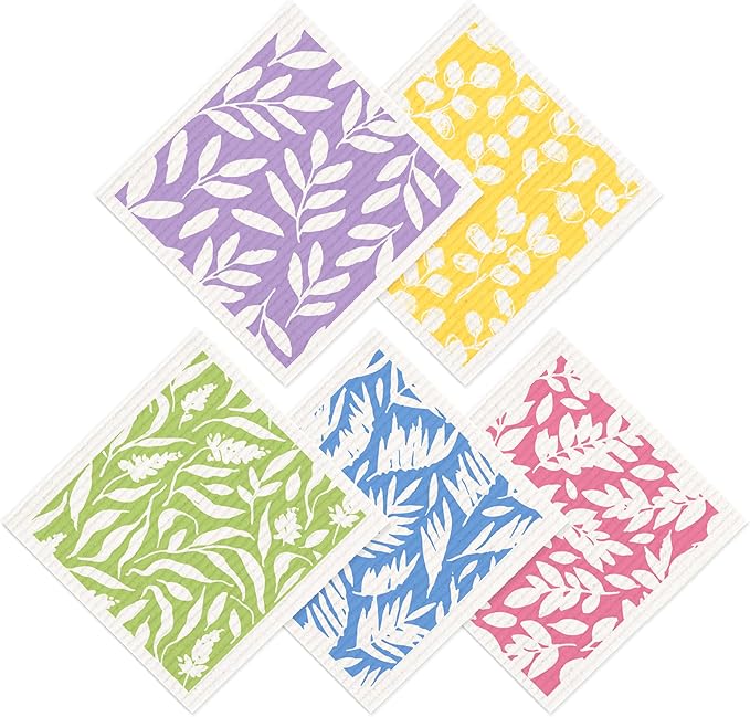 SUPERSCANDI 5 Pack Swedish Dishcloths for Kitchen - 100% Biodegradable & Compostable | Reusable Paper Towels Washable, Food-Safe & Without Plastic - Dish Rags Suitable for Any Surface | Flower Print