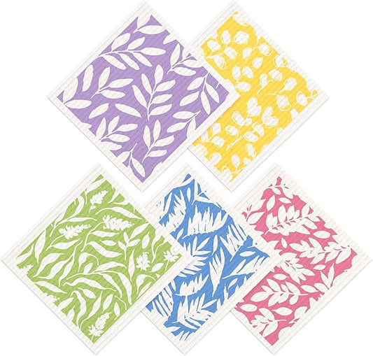 SUPERSCANDI 5 Pack Swedish Dishcloths for Kitchen - 100% Biodegradable & Compostable | Reusable Paper Towels Washable, Food-Safe & Without Plastic - Dish Rags Suitable for Any Surface | Flower Print