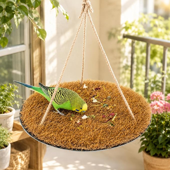 FlidRunest Yellow Large Bird Foraging Mat, Natural Bird Grass Hammock Swing Toy with Hooks, Climbing Perch Hanging Toy for Parakeets, Parrot, Cockatiels, Bearded Dragon